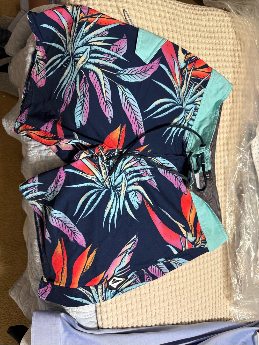 Volcom Tropical Print Swim Shorts - Navy with Teal & Coral Accents